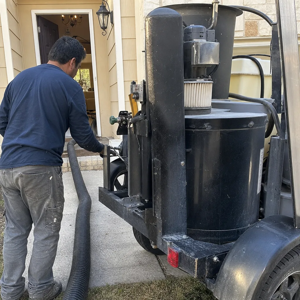 Technician operating professional air duct cleaning vacuum equipment