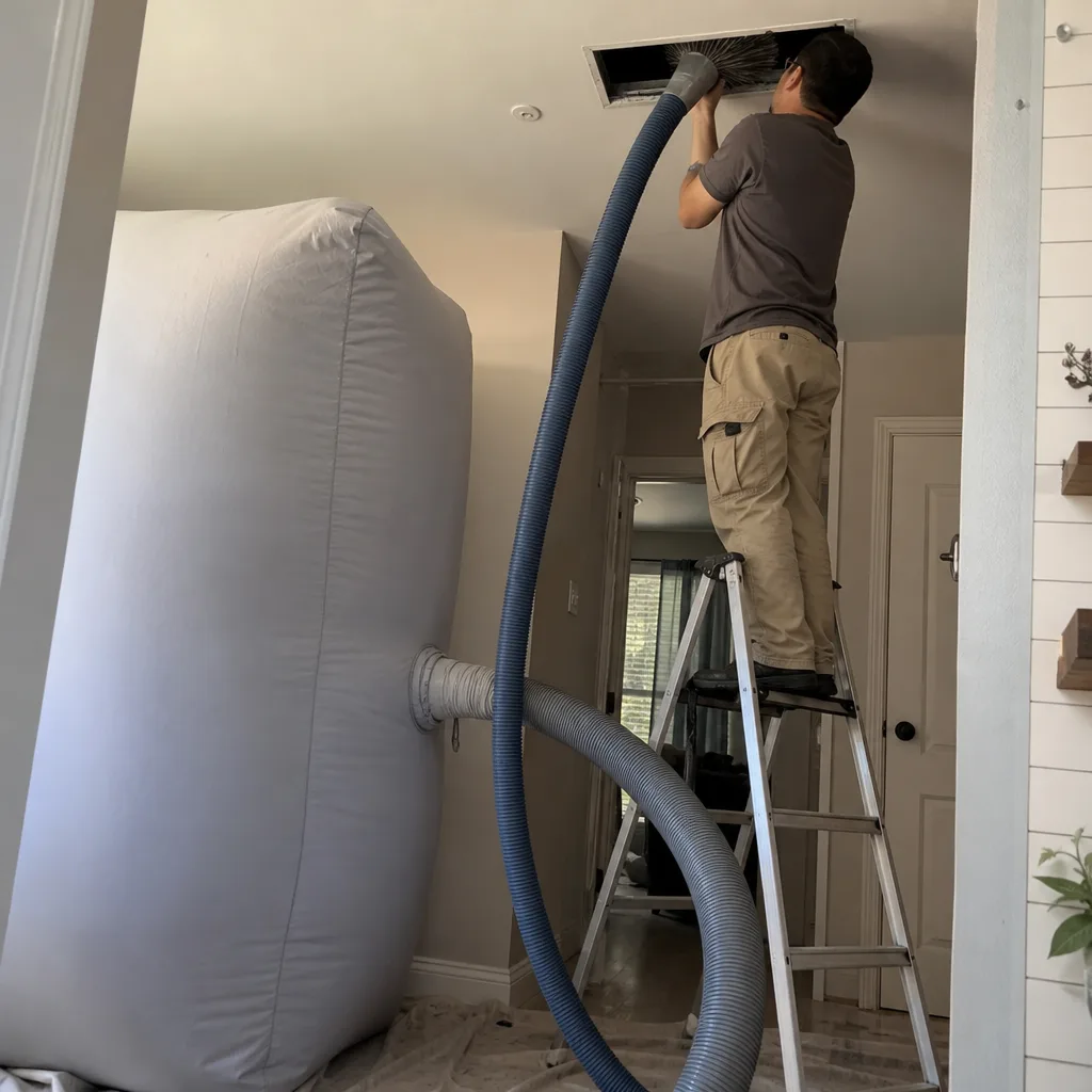 Professional technician performing residential air duct cleaning service
