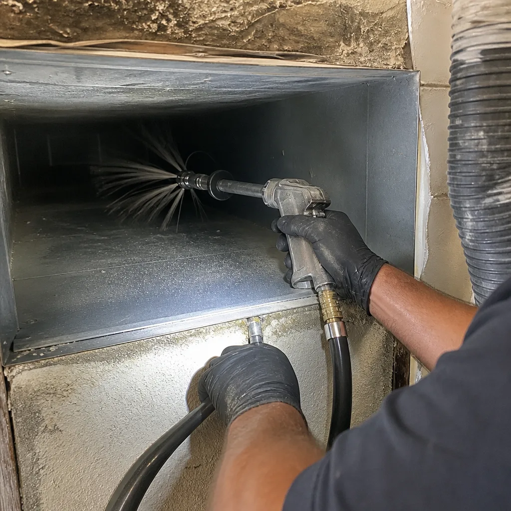 Technician using rotary brush tool for professional air duct cleaning service