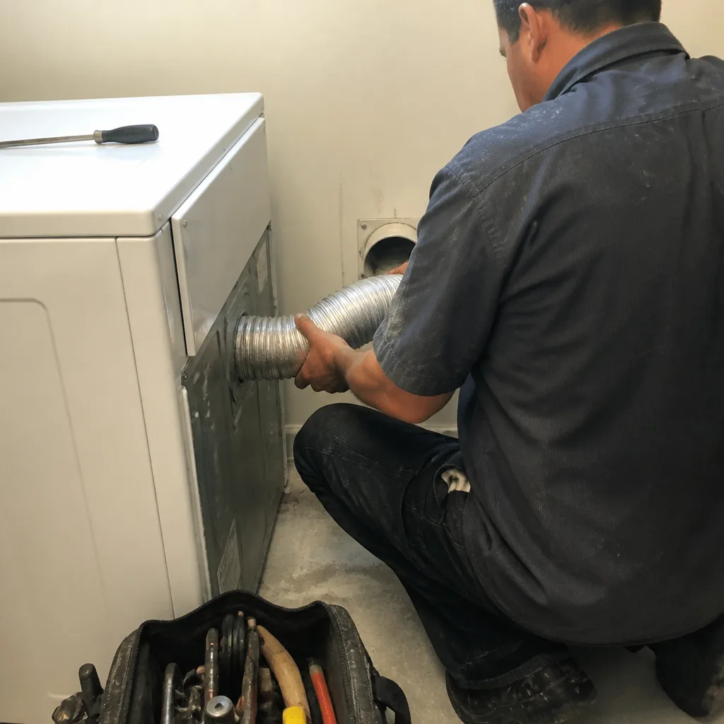 Professional technician performing dryer vent cleaning and installation